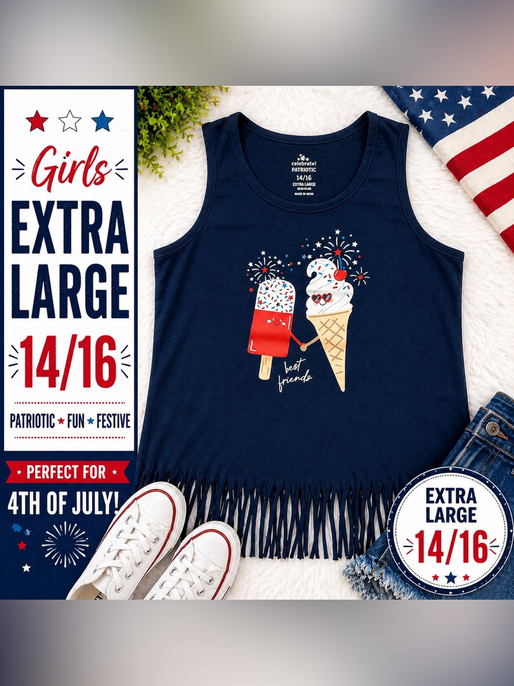 Patriotic Fringe Tank Top Red White Blue Best Friends Ice Cream Girls XL (14/16)